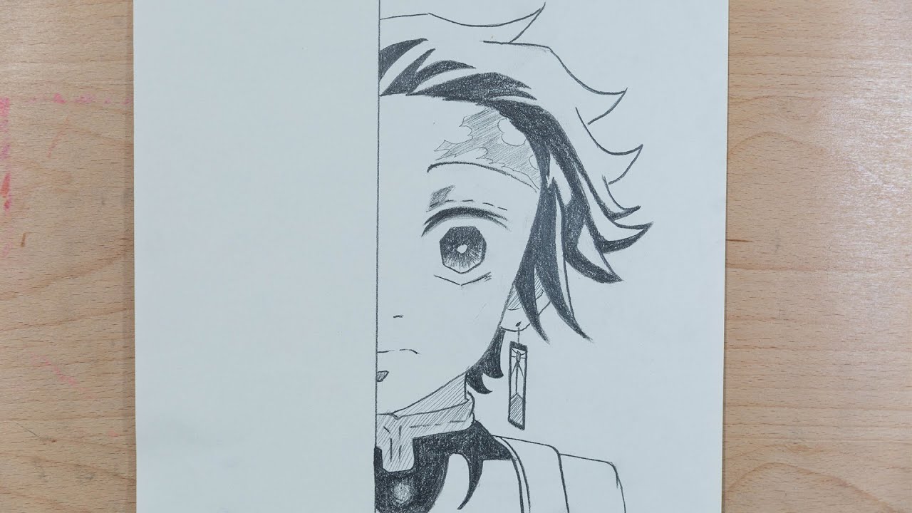 desenho de anime fácil, como desenhar metade do rosto Kamado Tanjirou