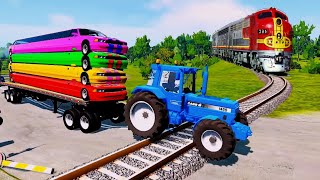 DOUBLE FLATBED TRAILER TRUCK VS SPEEDBUMPS - TRAIN VS CASE TRACTOR TRANSPORTING - BeamNG.drive #138
