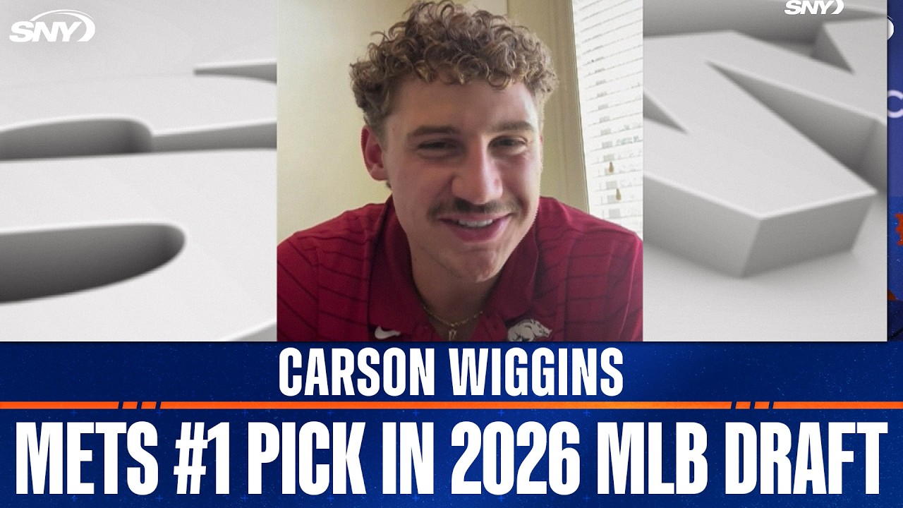 Mets 2026 first-round pick Carson Wiggins reacts to being drafted by New York