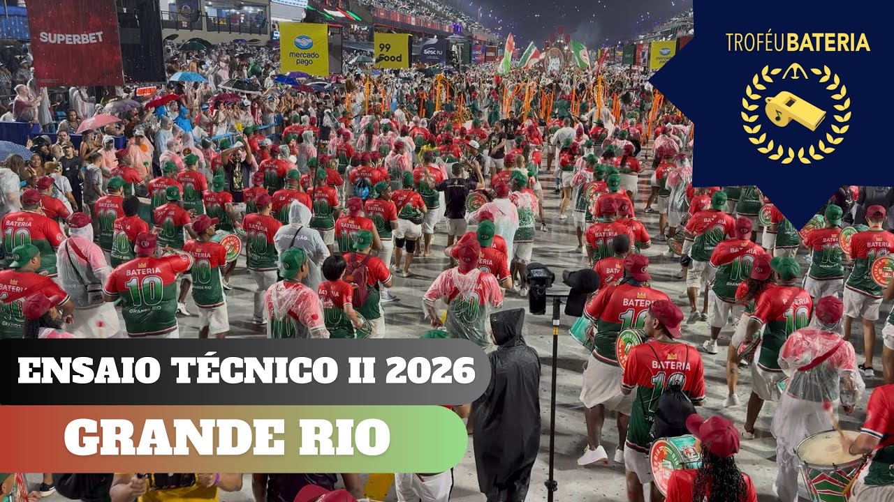 Bateria da Grande Rio no segundo ensaio técnico para o carnaval 2026