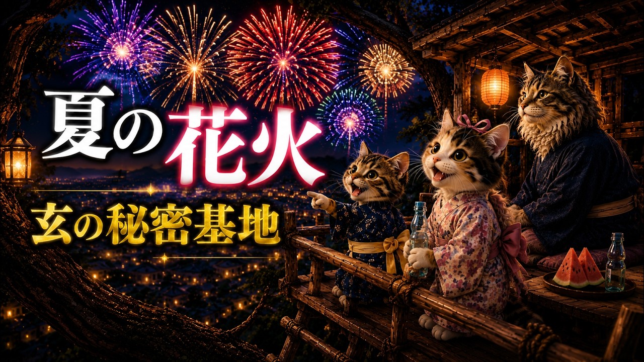 じゃれねこ『6月☆12 打ち上げ花火』 夏の打ち上げ花火を見に、玄の秘密基地へ｜ねこ蔵 花火の夜To Gen's