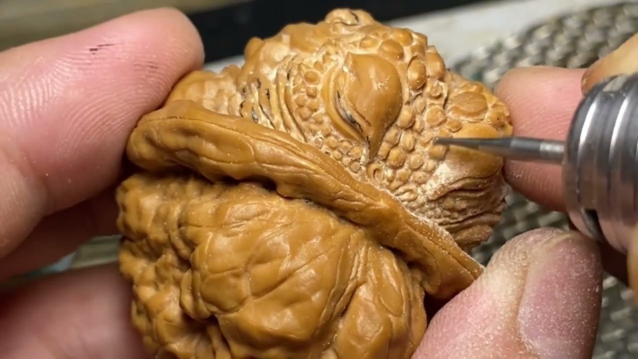 蛤蟆头核桃雕刻金蟾Carved Golden Toad with Toad Head Walnut|hand