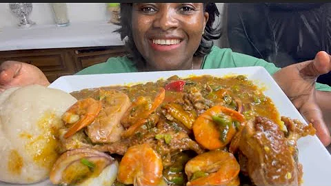 ASMR SHRIMP +DRY CHICKEN +OKRA SOUP WITH FUFU MUKBANG BANG (eating show no talking #asmr #mukbang #a