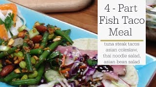 A delicious four part taco meal with asian coleslaw, thai noodle
salad, three bean salad and fresh tuna steak tacos. rada cutlery is
manufactured in wa...