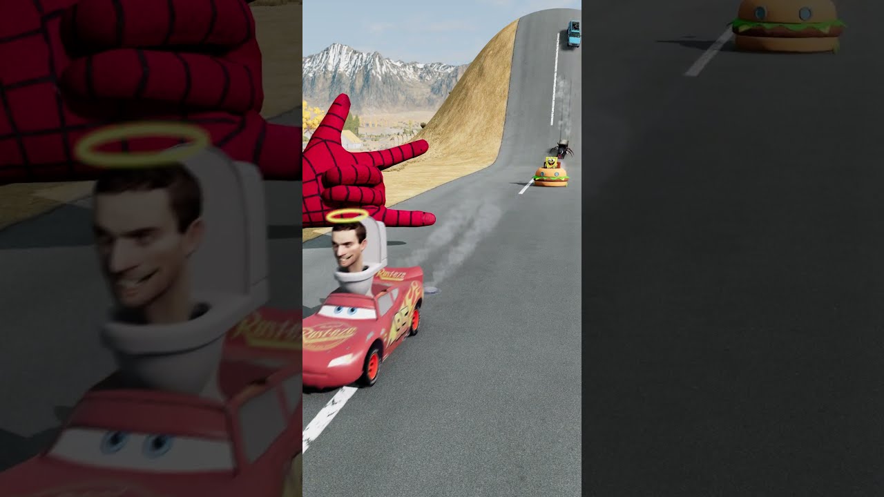 Funny Cars Going Downhill On Bollard Spider Man Shooting Web BeamNG Drive