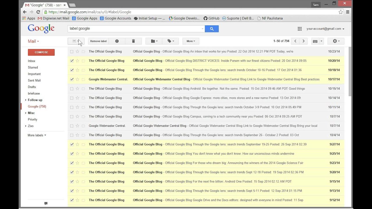 Gmail How To Select All Emails 2015 Youtube