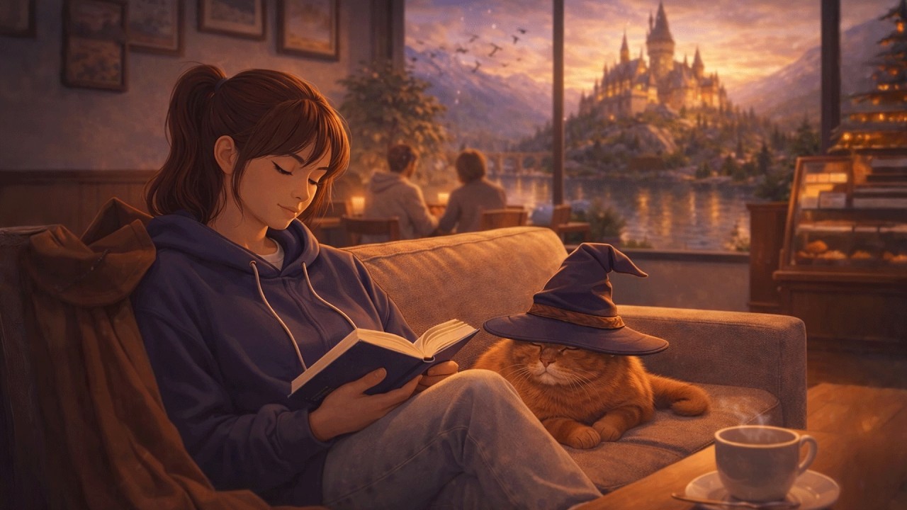 Cozy Lofi Café for Reading ☕🐈‍⬛ | Magical Cat & Fantasy Castle (2H)