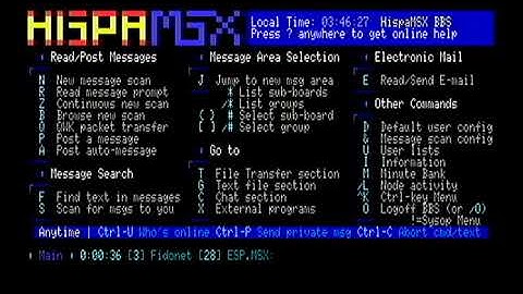 HispaMSX BBS from real MSX turboR + Denyonet, full ANSI color!