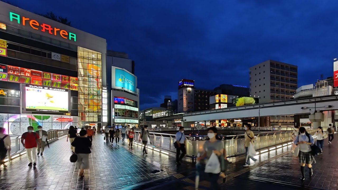 4K Tokyo Walk - Rainy Evening Walk around Tachikawa Station Area- 立川 - Slow  TV - Binaural Audio 