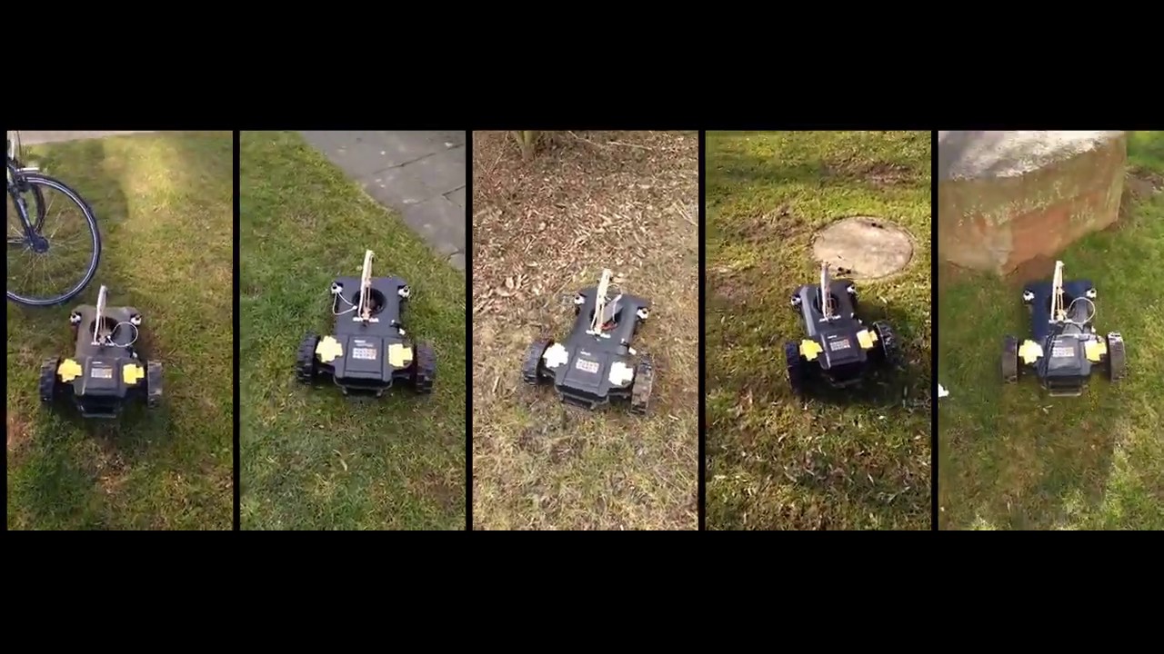 camera controlled lawn robot tackles various obstacles