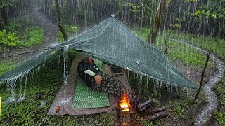 Camping in Heavy Rain Under a Tarp | Tarp Shelter | Cozy Shelter in the Rain