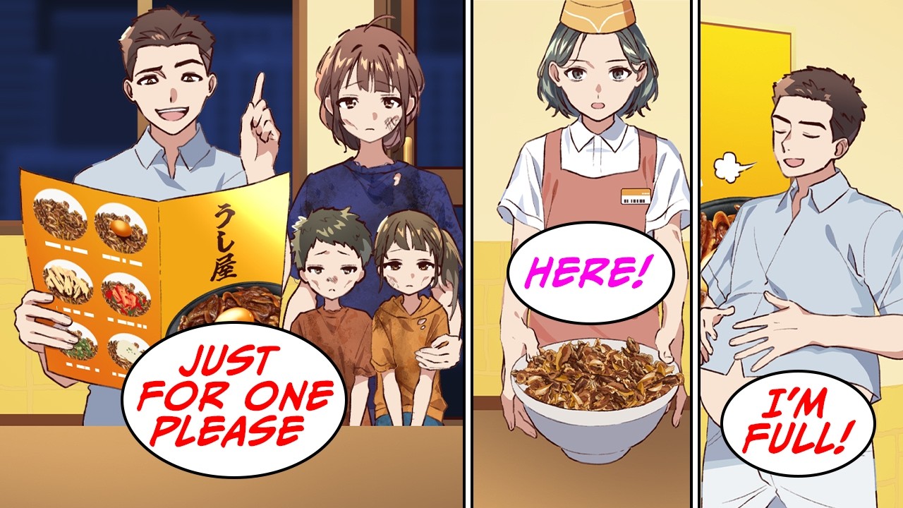 A wife and child arrive at a beef bowl restaurant late at night in tatters [Manga Dub]