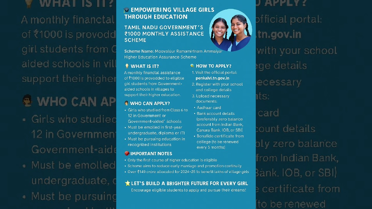 🎓 கிராமப்புற மாணவிகளுக்கான கல்வி உதவி தமிழ்நாடு அரசின் மாதம் ₹1000 உதவித் தொகை திட்டம்