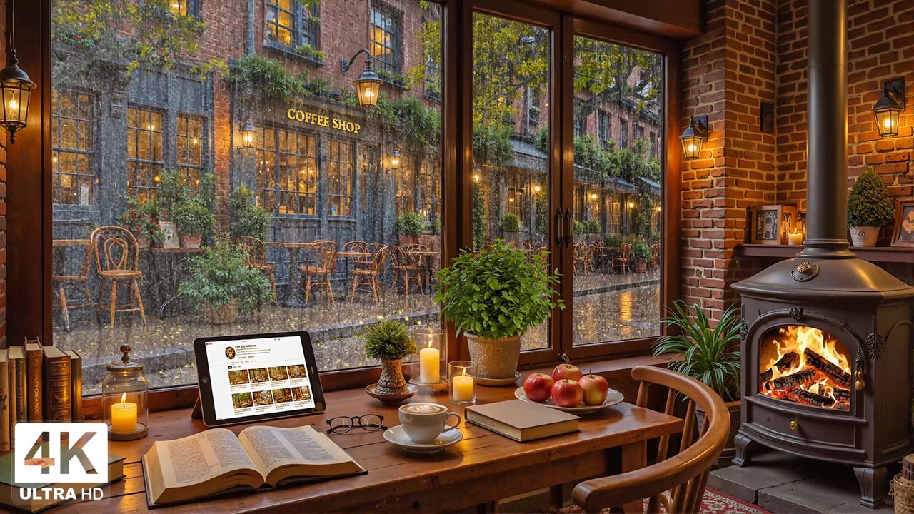 Calm Rain Evenings & Soft Jazz Instrumental Music ☕ Coffee Shop Ambience with Crackling Fireplace