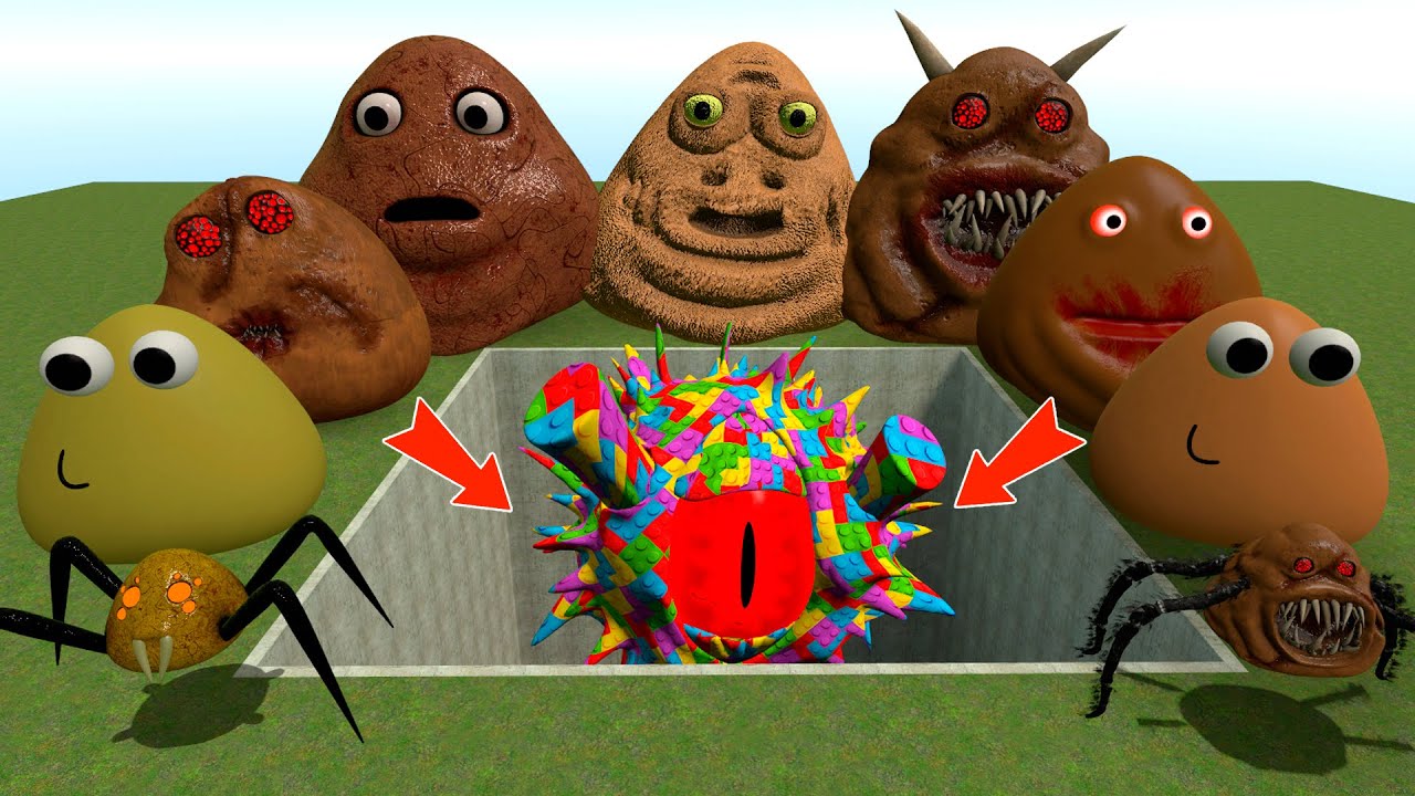 ALL NORMAL 3D POU BOU'S REVENGE Monsters VS LEGO Mr BLACK SUN SPRUNKI PHASE 2 in BIG HOLE in Gmod