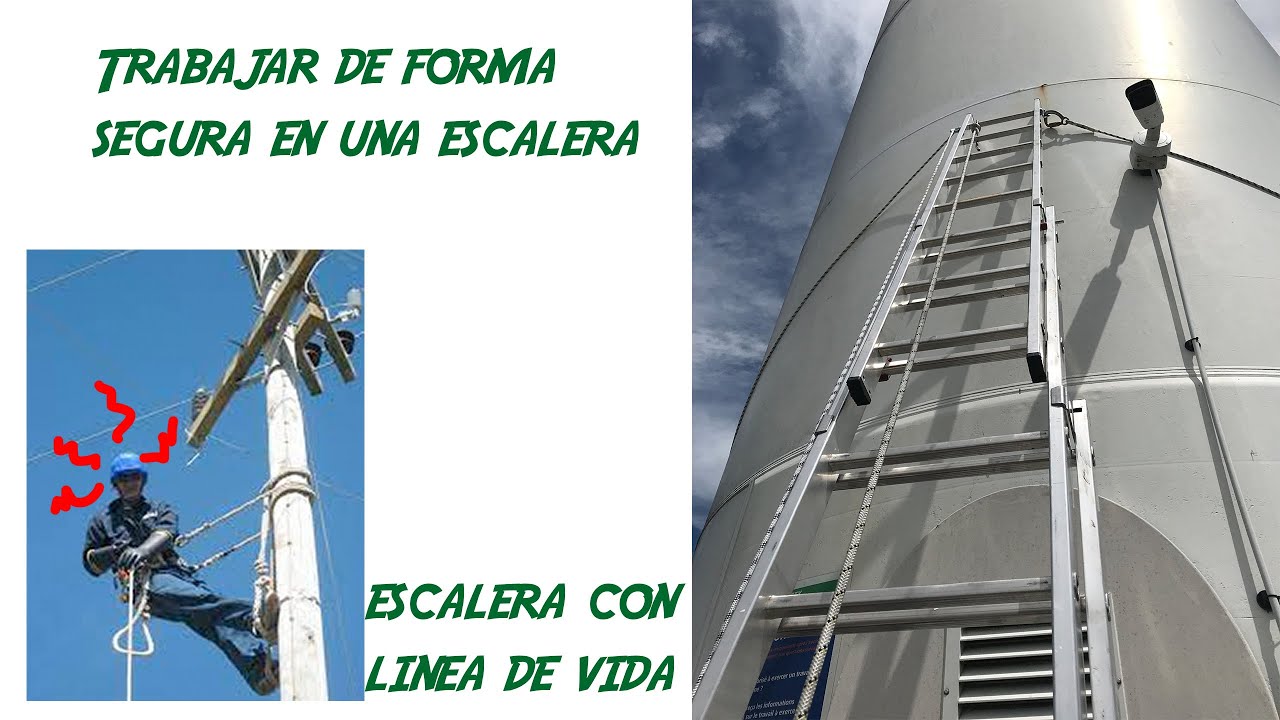 Trabajar de forma segura sobre una escalera telescópica - Escalera con linea de vida y anticaidas.