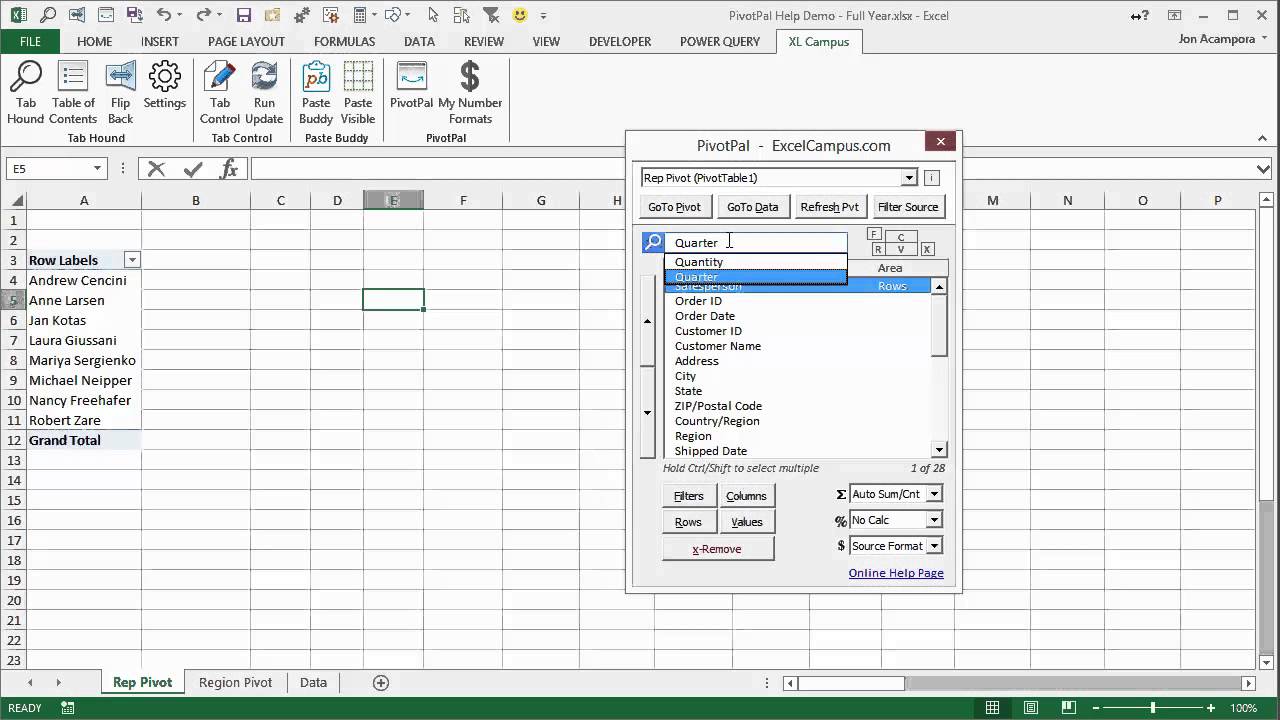 PivotPal Guide - Search the Pivot Table Field List and Select Multiple Items