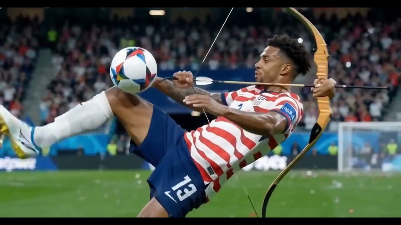There is a football player hitting the ball in the picture