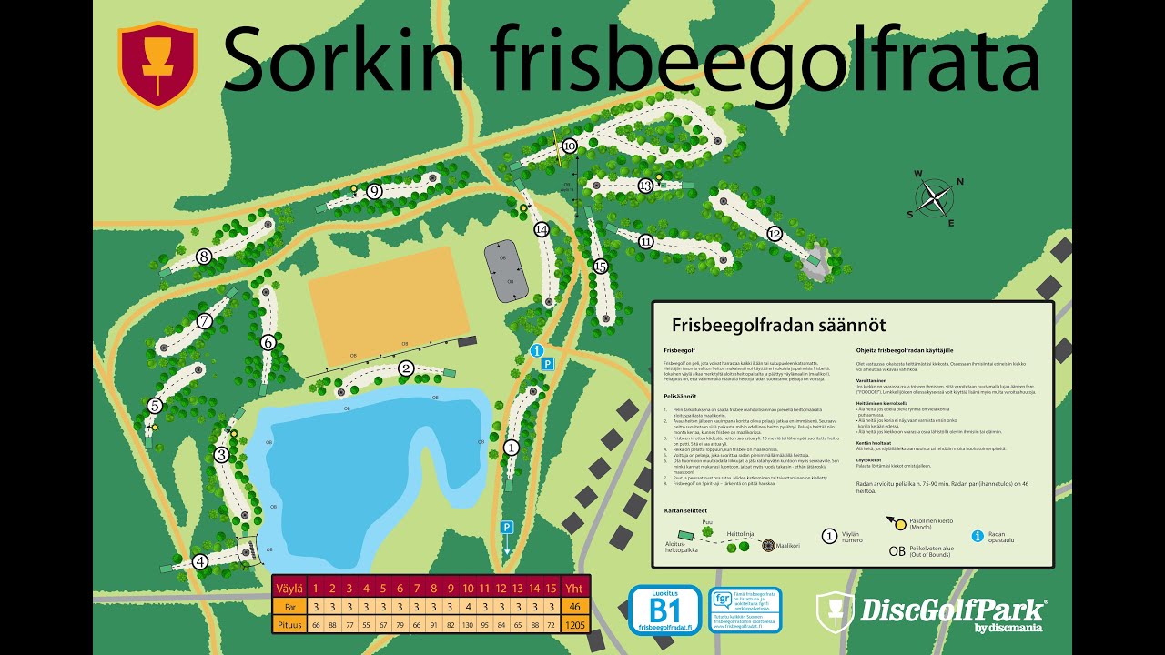 Sorkin Frisbeegolfradan rataesittely. Kuvattu 21.5.2022.