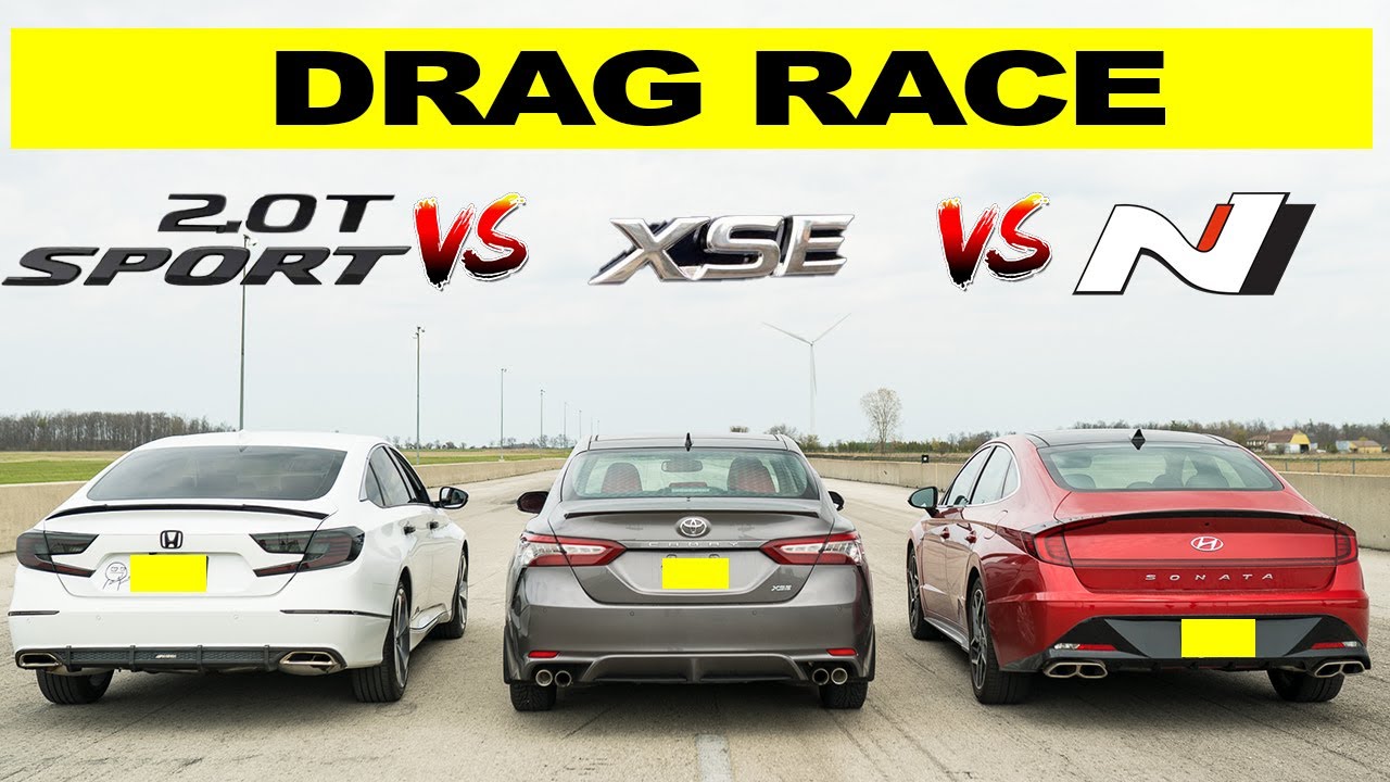 Watch 2021 Sonata N Line race Accord 2.0T vs Camry XSE V6  | Big Sedan Drag Race
