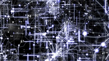 Fly through abstract 3D rendering of a scientific technology data binary code network conveying