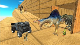 Dinosaurs vs. Jeep. Go down the mountain road!  Animal Revolt Battle Simulator