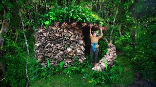 Survival Girl Living Alone Building Ancient Stone House in the Woods Rainforest by Hands