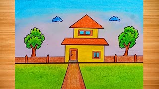 House 🏡🏡 landscape drawing || how to draw building 🏫🏫 house drawing #drawing#oilpastels#viralartists