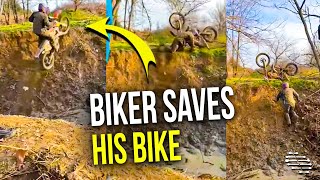 Biker Fails to Climb Out of a Muddy Pit but Manages to Keep His Bike Balanced and Not Fall Backward