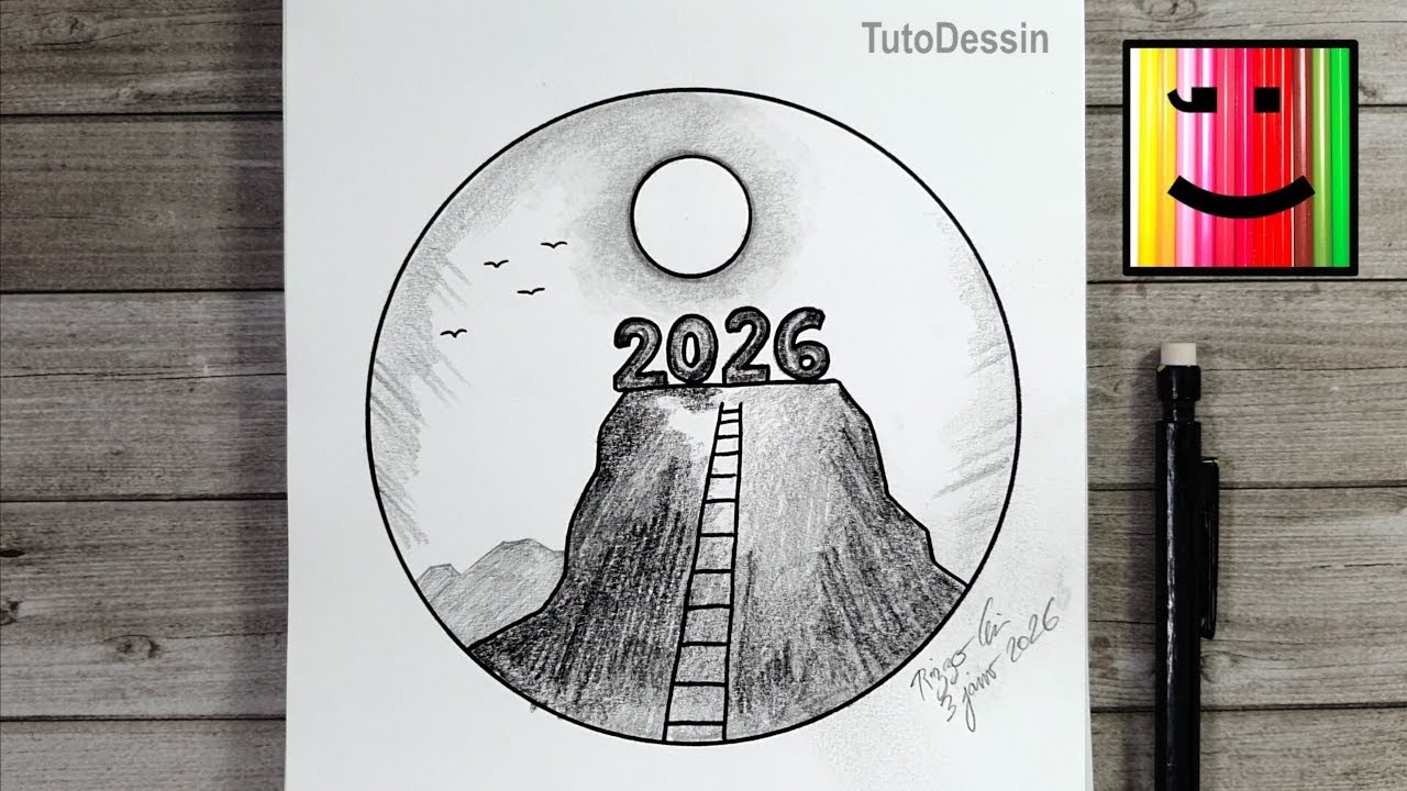 Tutoriel dessin | 2026 en haut de la montagne dans un cercle