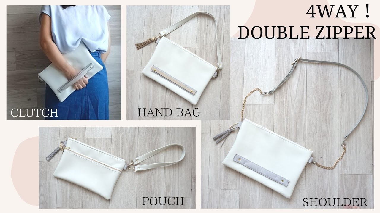 【ポーチの延長で簡単♪】4way！ダブルファスナーバッグの作り方 【100均フェイクレザー】