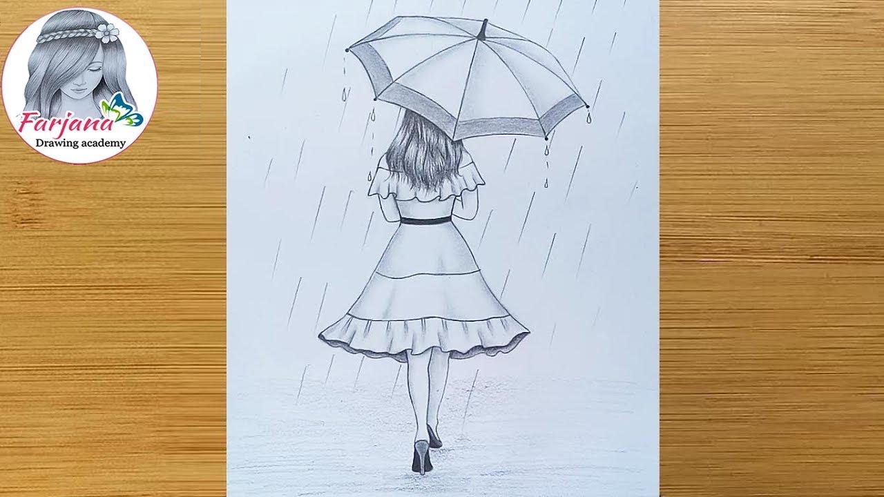 Sketch of walking girl with umbrella, back view, hand drawn vector • wall  stickers laos, burmese, burma | myloview.com