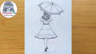 Easy way to draw a girl with umbrella A rainy day pencil sketch bir kız nasıl çizilir