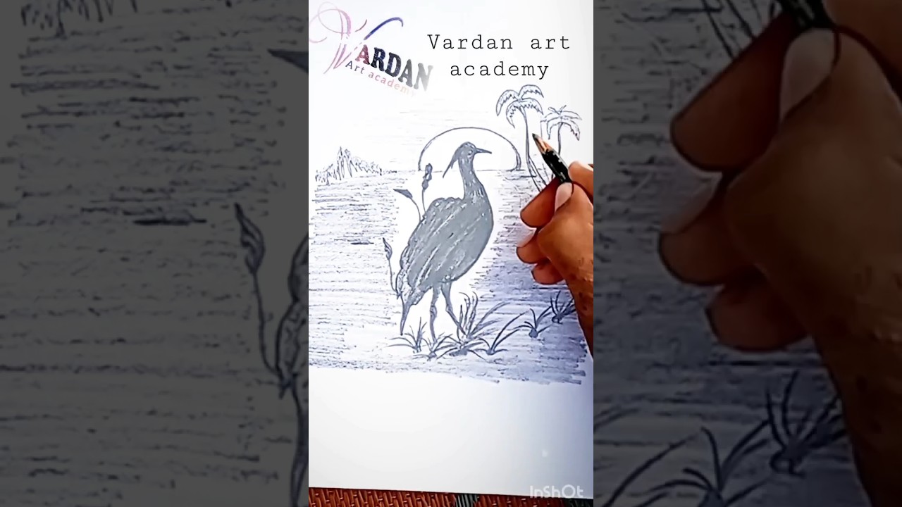 crane bird fishing scenery drawing 