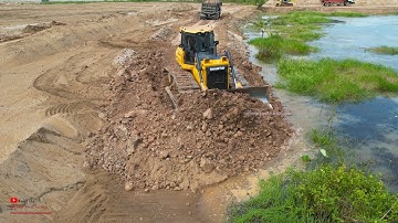 Interesting Excellent Dozer Vehicle Construction Moving Spread Slope For Making Road Near The Water