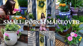 HOW TO MAKE THE MOST OF A SMALL FRONT PORCH: repotting flowers, decorating, & painting my front door