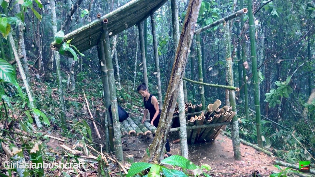 alone  camping  survival  make a house  trees  bamboo bamboo house part 2