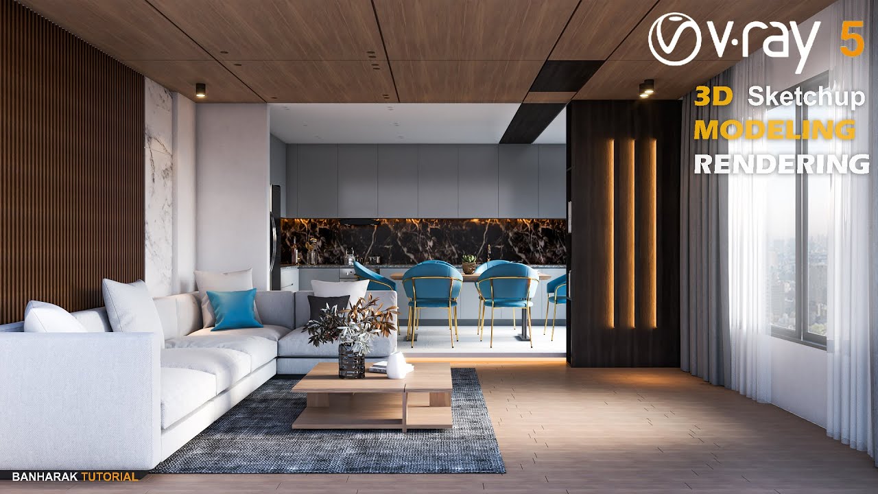 Living room | kitchen with Dining room Design | Vray 5 Sketchup ...