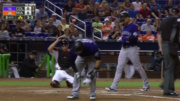 COL@MIA: Raburn gets hit by pitch with bases loaded