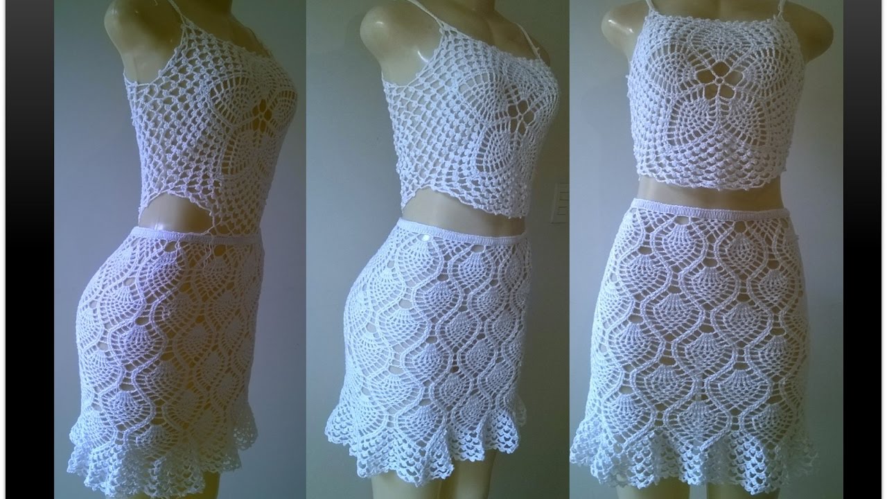 conjunto de cropped e saia de croche