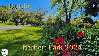 Dublin sunny walking tour - Herbert Park - 4K 60 FPS (2024)