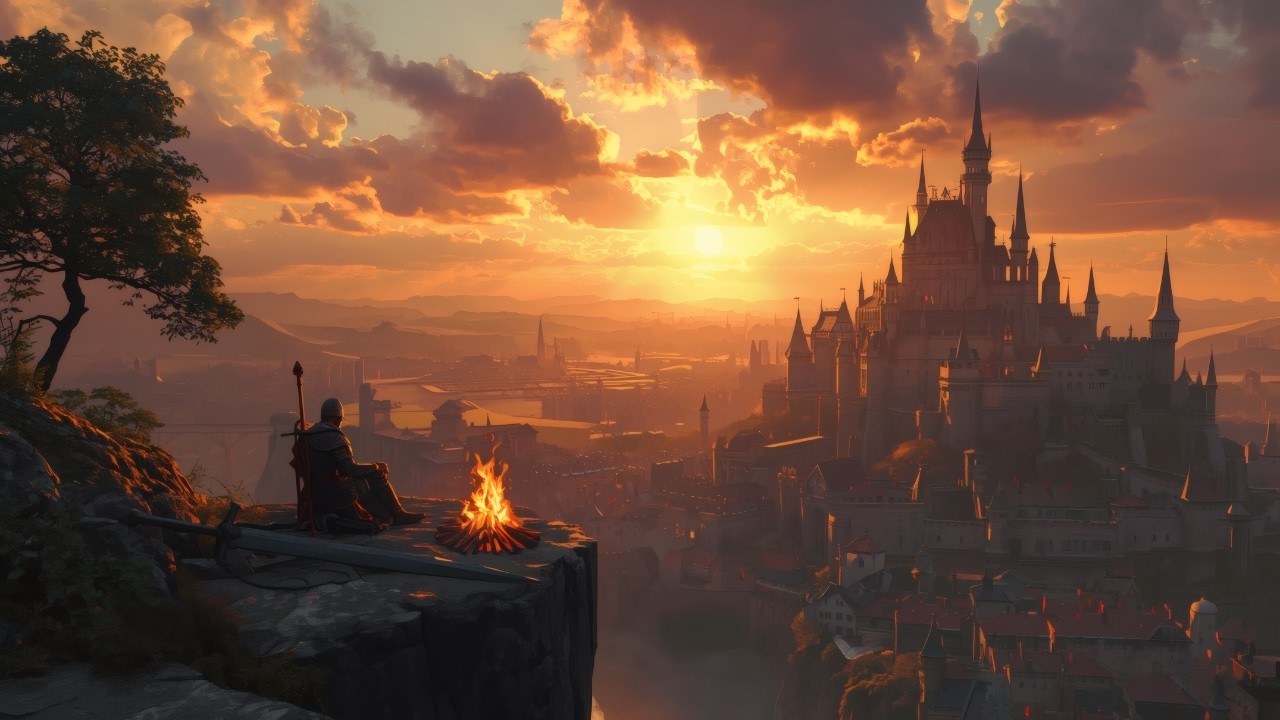 Journey's End at the Sunlit City | Medieval Music & Fireplace Ambience for Relaxation