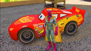 MCQUEEN CARS SPIDERMAN with SUPERHEROES and SUPER CARS Challenge On Ramps - GTA V MODS