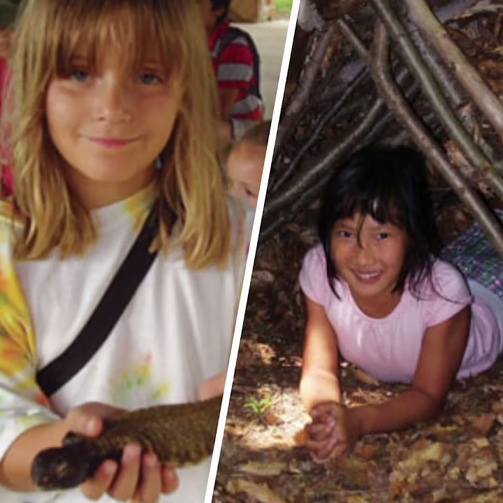 Child with animal, child playing in stick fort