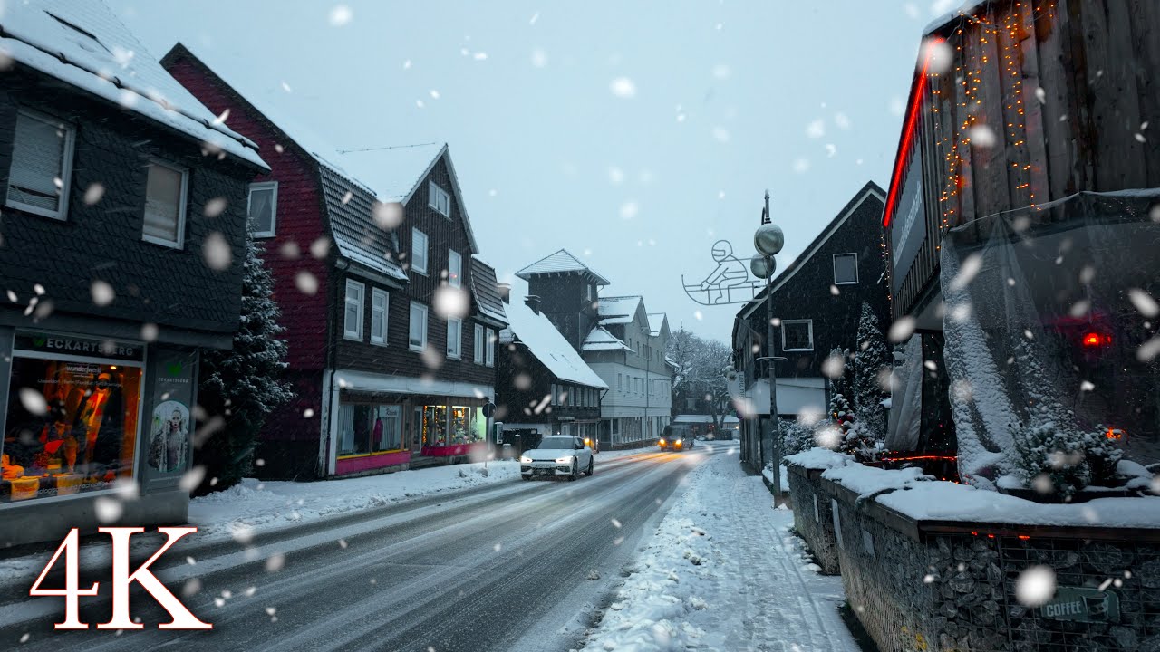 Snowfall in Braunlage, Harz Mountains Germany, Walking in the Mountain Village in Winter, ASMR 4K