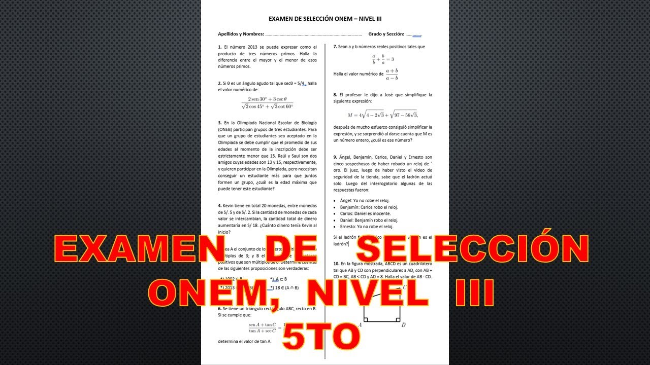 ONEM NIVEL III (5to de secundaria), EXAMEN DE SELECCION - YouTube