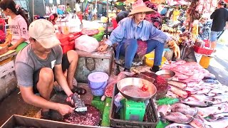 Cambodian Fish Market Scenes & Lots Of Pork, Meat, chicken Sold Early Morning - Cambodia street food