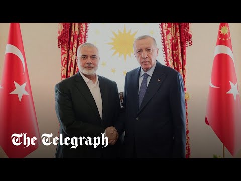 Erdogan shakes hands with Hamas leader Ismail Haniyeh