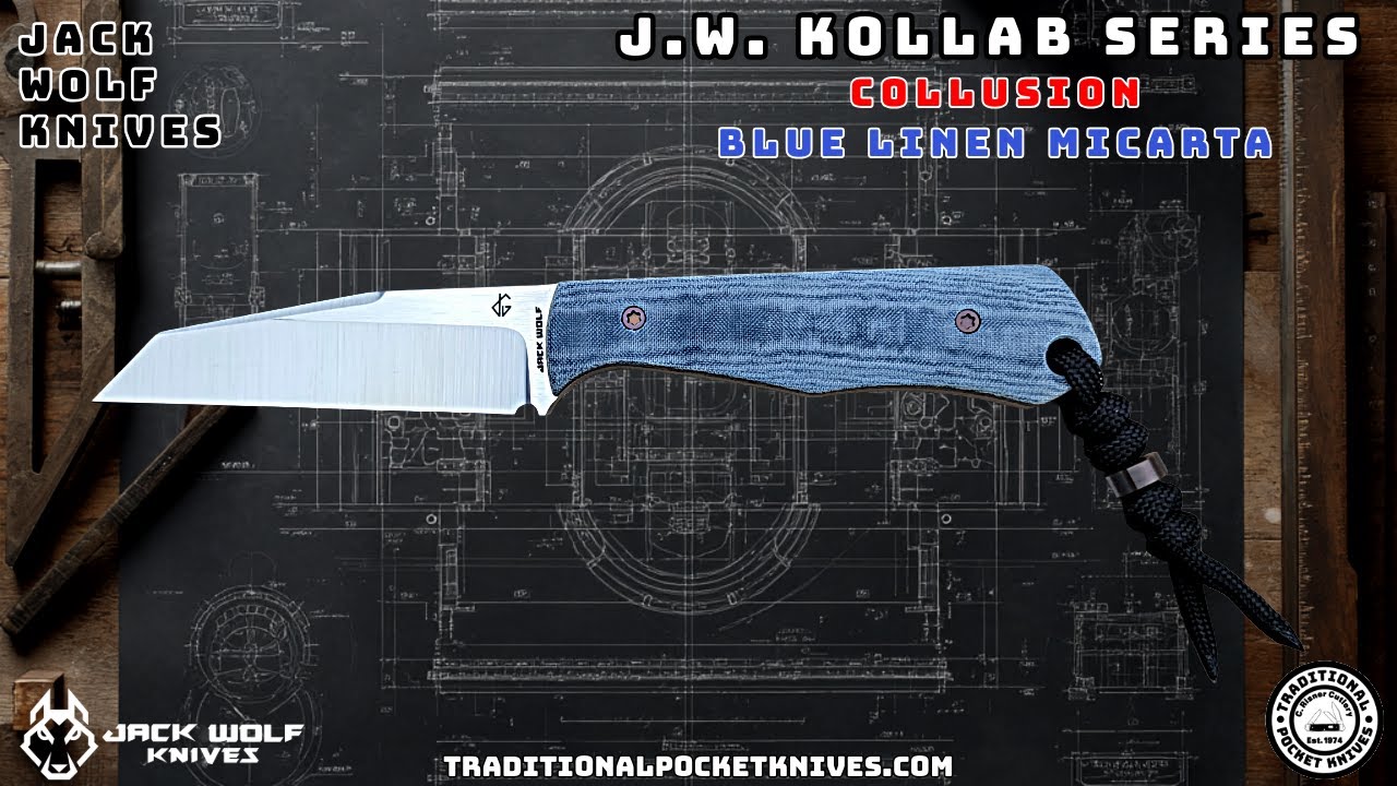 Jack Wolf Knives: Collusion - Blue Linen Micarta - J.W. Kollab Series