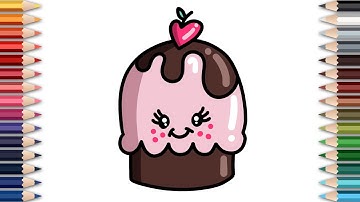 How to draw and paint cute kawaii cupcake? Easy drawing and painting tutorial for kids.